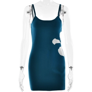 Robe moulante sexy dos nu à imprimé floral bleu vert avec de fines bretelles
