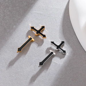 Gothic cross stud earrings in gold and silver finish with black enamel inlays