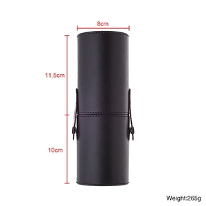 Detailed size chart of a black leather cylindrical makeup brush case with measurements