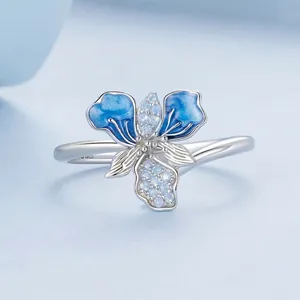 Elegant S925 sterling silver iris flower open ring with blue enamel and zircon stones