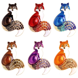Detail view of fox-shaped brooches in six colors with colorful enamel and rhinestones