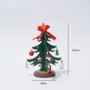 Green wooden mini Christmas tree ornament with star topper and festive red ribbon decor