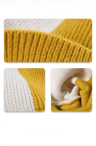 Detail view of the yellow and white color-block ribbed knit texture and soft fabric material