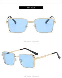 Detail view of square gold metal sunglasses with blue lenses and branding on the temple