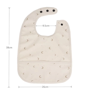 Waterproof baby bib with moon pattern showing size dimensions of 38cm by 26cm