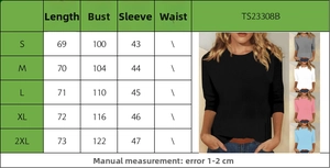 Tabla de tallas para camiseta de mujer con manga tres cuartos y opciones de color