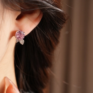 Dettaglio ravvicinato di un orecchino a rosa rosa con foglie in zircone su base in argento