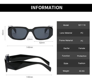 Detailed size specifications for black polygon rectangular PC sunglasses for women