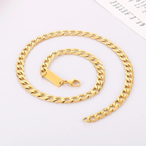 Hip hop style gold stainless steel Cuban chain necklace with blank rectangle pendant