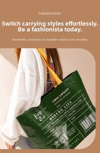 Detail of green foldable shopping bag with yellow straps and vintage veggie illustrations