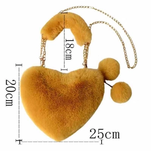 Detailed dimension guide for heart-shaped plush handbag with soft faux fur and chain strap
