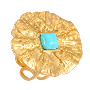 Detailed view of gold wavy texture ring featuring a square turquoise stone inlay