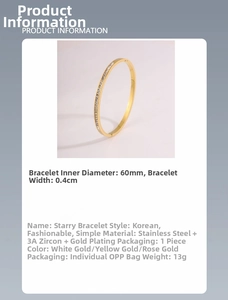 Detailed spec sheet showing a 4mm wide stainless steel bangle with full zircon pavé setting