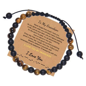 Bracelet Code Morse Perles Oeil De Tigre Et Pierre Mate Corde Tissée Ajustable Cadeau I Love You Pour Hommes