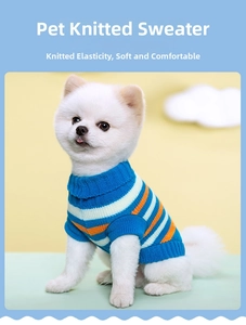 Close-up of flexible elastic knit texture and orange-blue striped pattern on pet sweater