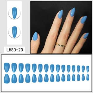 Short almond blue press-on nails set with glossy finish and 24 pieces in various sizes