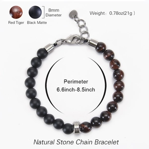 8mm natural map stone and red tiger eye beaded bracelet with stainless steel accents