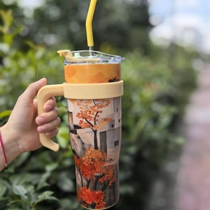 40oz stainless steel insulated tumbler with autumn mountain landscape and handle