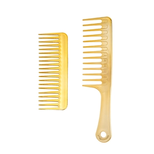 Golden wide-tooth hair comb set with long handle and short pocket comb on white background