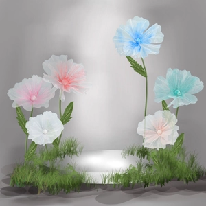 Wedding decor mesh flowers on white circular pedestal with 3D grass and pastel petals