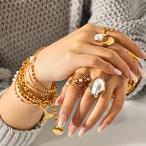 French Vintage Gold Plated Stainless Steel Jewelry With Artificial Pearls Heart Shell Charms Bracelets And Rings For Women