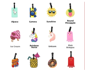Collection of creative PVC luggage tags featuring sun, pineapple, and cartoon shapes