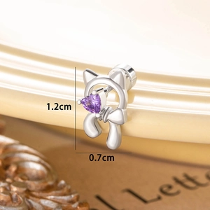 Cute silver kitten bow stud earrings with purple heart gemstone and 1.2cm size detail