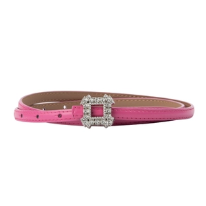 Elegant rose pink genuine leather thin belt with sparkling square rhinestone buckle