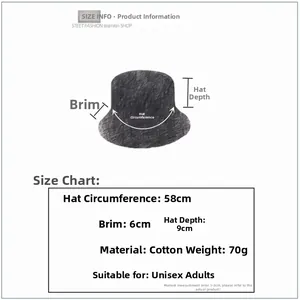 Size information for cotton bucket hat with 58cm circumference and 6cm brim dimensions