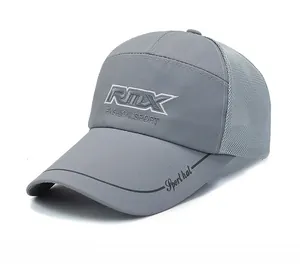 Detail of grey quick-dry baseball cap with breathable mesh and sport embroidery
