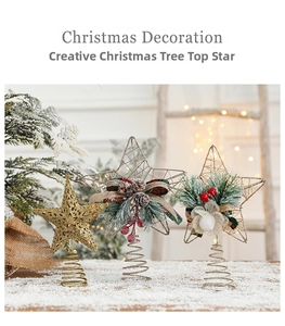 Detailed set of golden glitter stars and wire tree toppers with pine cones and berries