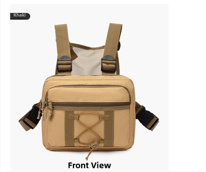 Front view of khaki tactical chest bag with dual zipper pockets and elastic cords
