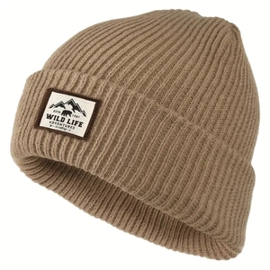 Khaki rib-knit beanie with vintage WILD LIFE patch for outdoor autumn winter warmth