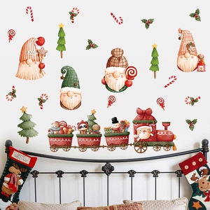 Christmas Gnomes Wall Stickers PVC Self Adhesive Cartoon Train Window Clings Holiday Home Decoration Waterproof