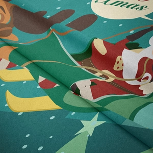 Close-up of soft velvet Christmas tapestry with Santa, reindeer and starry print