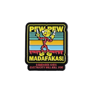 Colorful retro cartoon electricity enamel pin with horizontal rainbow stripes and text