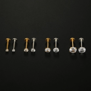 Titanium steel labret studs with cubic zirconia in gold and silver set of eight