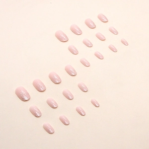 Pink press-on nails with silver glitter accent and elegant oval shape 24pcs set