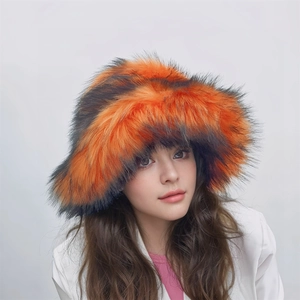 Close-up of fluffy orange and black striped faux fur hat with thick winter texture