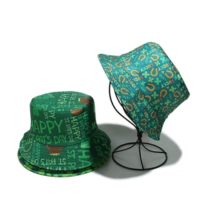 Green St. Patrick's Day bucket hat with lucky shamrock prints and festive patterns