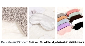 Detail of soft teddy plush sleep mask showing silky satin back and colorful texture options