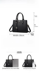 Detailed size specifications of black pebble leather tote bag with gold hardware dimensions