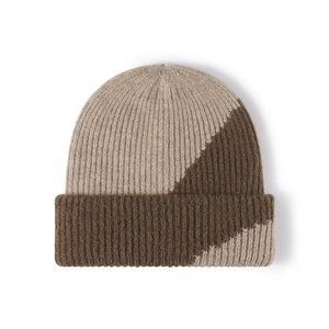 Two-tone ribbed knit beanie in dark brown and tan, warm double-layer winter hat
