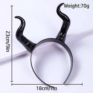 Close-up detail of Maleficent style black horns headpiece showing 23cm height dimensions