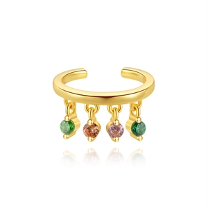 Detail of gold ear cuff with colorful marquise stones and polished silver finish