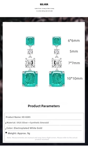 Detail view of 925 silver emerald earrings with measurements and gemstone sizes