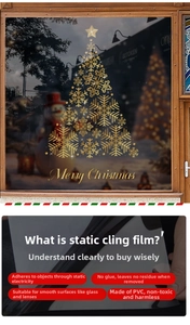 Detail of golden snowflake Christmas tree static window sticker made of PVC material