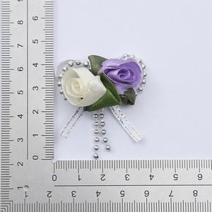 Handmade Ribbon Rose Flower Motif Fabric Artificial Floral Silver Bead Chain For DIY Brooch Garment Decoration Elegant