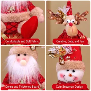 Christmas plush ornaments featuring Santa, reindeer and snowman in red gift box style