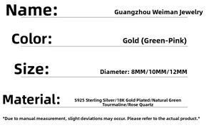 Size chart showing 8mm to 12mm green aventurine earrings in S925 sterling silver
